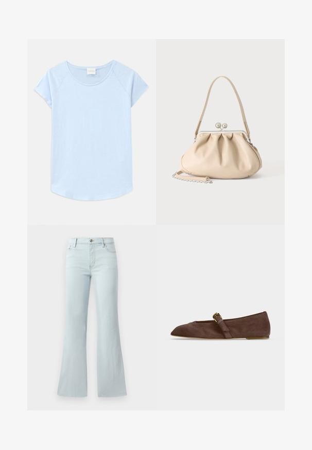 Hellblaues Kurzarm-T-Shirt mit rundem Halsausschnitt, lockerer Passform und abgerundetem Saum. Hergestellt aus weichem Stoff mit glatter Textur.; Helle blaue, ausgestellte Jeans aus Denim. Verfügt über ein klassisches Fünf-Taschen-Design und einen Frontknopfverschluss. Glatte Textur über das gesamte Material.; Brauner Wildleder-Flachschuh mit spitz zulaufender Spitze und goldenem Schnallenriemen an der Seite, im Seitenprofil vor weißem Hintergrund dargestellt.; Beige weiche Lederhandtasche mit silbernem Metallrahmenverschluss, einem Schulterriemen und einem optionalen Kettenriemen auf weißem Hintergrund.