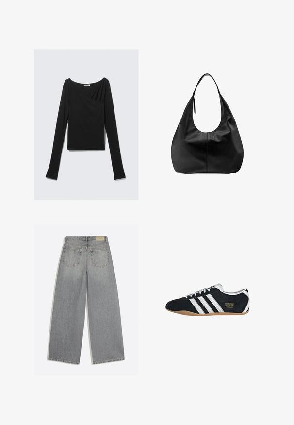 Haut noir à manches longues en tissu doux, présentant un design drapé avec un devant croisé et un col bateau. Texture lisse, longueur cropped.; Jean en denim gris à jambes larges montrant l'arrière avec deux poches et des passants de ceinture, posé à plat sur fond blanc.; Sneakers en suede noir avec trois bandes blanches, logo doré et semelle en caoutchouc marron. Présente un design à lacets à profil bas.; Sac à main hobo décontracté en cuir noir avec une seule bandoulière large et un détail de tirette de fermeture éclair sur fond blanc uni.