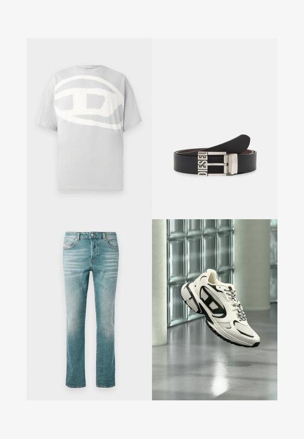 Graues Baumwoll-T-Shirt mit einem großen, abstrakten weißen Logo-Design auf der Vorderseite. Kurze Ärmel und Rundhalsausschnitt. Glatte Textur.; Hellblaue Jeans aus Denim mit geradem Schnitt, fünf Taschen, dezentem Used-Look und klassischem Knopfverschluss an der Taille.; Weißer und schwarzer Sportschuh mit Mesh-Details und gemusterten Schnürsenkeln, schwebt mitten in der Luft in einem modernen Innenraum mit Glasbausteinen.; Schwarzer Ledergürtel mit einer silbernen Metallschnalle, auf der der eingeprägte Text "DIESEL" zu sehen ist. Das Design ist schlank mit einer glatten Textur.