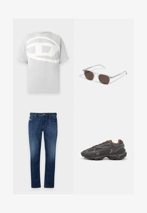 Camiseta de algodón gris con un gran diseño abstracto de logo blanco en el frente. Mangas cortas y cuello redondo. Textura suave.; Vaqueros de mezclilla de color azul oscuro con corte recto, cuentan con un diseño de cinco bolsillos, costuras visibles y un cierre de botón de metal en la cintura.; Zapatillas Lacoste en gris oscuro con material de malla y sintético, que cuentan con una suela texturizada y detalles en marrón en el cuello y la marca.; Gafas de sol de plástico transparente con lentes marrones rectangulares, que cuentan con finas varillas transparentes y acentos metálicos en las patillas.