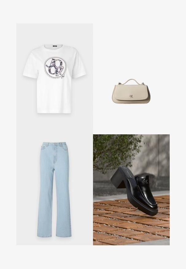 T-shirt en coton blanc avec un motif rond comportant le texte noir "JOOP!" et des motifs floraux en bleu, rose et blanc. Manches courtes, col rond.; Jean en denim bleu clair taille haute avec une coupe décontractée, jambes larges et design classique à cinq poches. Fait avec un bouton en métal et une fermeture éclair.; Mule slip-on en cuir noir Calvin Klein avec talon bloc reposant sur des carreaux en bois à l'extérieur près d'une plante verte et d'un mur gris.; Petit sac à main en cuir beige avec poignée supérieure et logo CK argenté sur le rabat avant, présenté sur fond blanc.