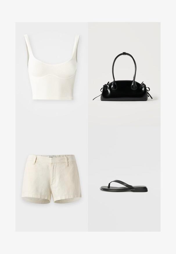 Cremfarbener gerippter verkürzter Oberteil mit breiten Schulterträgern und einer weichen, glatten Textur. Verfügt über eine konturierte Brustnaht und einen geraden Saum.; Helle beige Shorts aus Leinen. Mit flachem Bündchen, Fronttaschen und einem sauberen Saum. Einfaches, minimalistisches Design.; Schwarze Flip-Flops aus glattem Leder, mit einem dünnen Riemendesign und einer flachen Sohle mit minimalem Profil. Keine bemerkenswerten Muster oder Akzente.; Kleine schwarze glänzende Handtasche mit zwei langen Griffen und seitlichen Kordelzug-Details vor einfachem hellem Hintergrund.