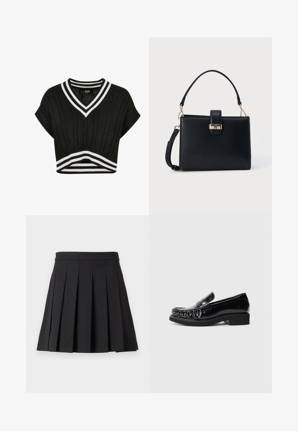 Zwart cropped sweater met een v-hals, kabelbreisel, korte mouwen en dubbele witte strepen bij de kraag en de zoom.; Zwarte geplooide rok met een vlakke tailleband. Gemaakt van gladde stof, met uniforme verticale plooien en een rechte zoom. Geen zichtbare sluitingen.; Zwarte gepatineerde leren loafers met een decoratieve gathered rand, vlakke rubberen zool en een kleine metalen logo-accent op de band.; Zwarte rechthoekige handtas met bovenhandvat en afneembare schouderriem, met een sluiting in goudkleurige toon met logodetail.