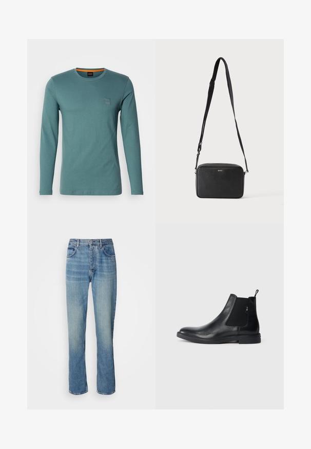 Langærmet, rundhalset skjorte i teal. Fremstillet af blødt bomuld og har en lille firkantet logo-patch i øverste venstre hjørne. Glat tekstur, afslappet design.; Lyseblå straight-leg denim jeans med høj talje, frontknap, lynlås lukning og fem-lomme design.; Sorte læder Chelsea støvler med elastiske sidepaneler, en pull-tab og en flad gummisål. Glat tekstur med minimal detaljer.; Sort rektangulær crossbody taske med justerbar rem og BOSS-logo foran, sat mod en ensfarvet lys baggrund.