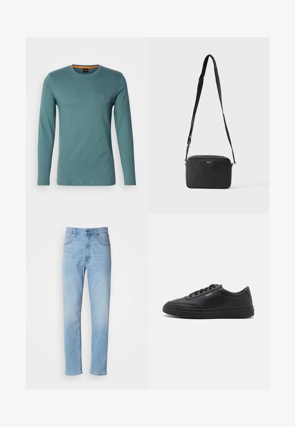 Langermige, ronde hals T-shirt in teal. Gemaakt van zachte katoen, met een klein vierkant logo-embleem aan de bovenlinkerkant. Glad oppervlak, casual ontwerp.; Lichtblauwe denim jeans met een rechte pasvorm, vijf zakken en riemlussen. De stof heeft een gladde textuur met een lichte vervaging.; Zwarte leren sneakers met een gladde textuur, ronde neus, platte rubberen zool en tonale veters. Kenmerkt zich door de gouden "BOSS" branding aan de zijkant.; Zwarte rechthoekige crossbodytas met verstelbare band en BOSS-logo aan de voorkant, tegen een effen lichte achtergrond.
