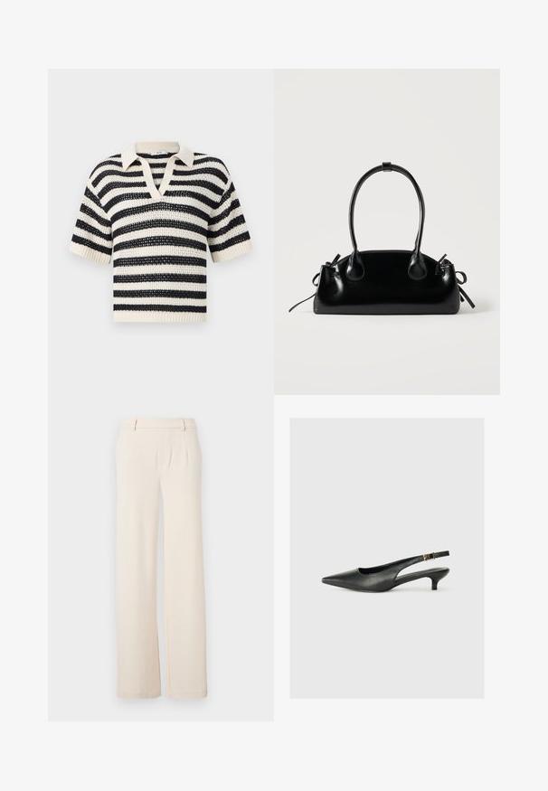 Pull en maille à manches courtes avec des rayures horizontales noires et blanches et un col en V sur fond uni.; Pantalons larges de couleur beige clair avec plis avant, texture lisse et poches latérales. Fabriqués dans un tissu doux avec un design ajusté.; Chaussure slingback noire à bout pointu en cuir lisse. Présente un talon fin et un détail de boucle sur la sangle réglable.; Petit sac à main noir brillant avec deux longues anses et des détails à cordon sur les côtés sur un fond clair uni.