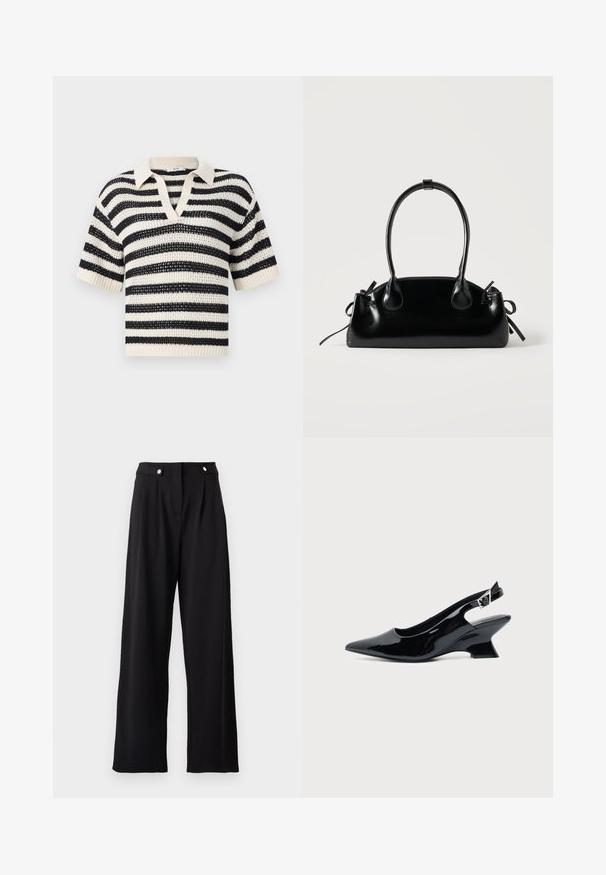 Jersey de punto de manga corta con rayas horizontales en blanco y negro y cuello en V sobre un fondo liso.; Pantalones de pierna ancha negros con una textura suave, que presentan una cinturilla alta, pliegues en la parte frontal y detalles metálicos en los botones.; Zapato slingback de cuero charol negro con puntera puntiaguda y tacón bajo en bloque inclinado sobre fondo claro liso.; Pequeño bolso negro brillante con dos asas largas y detalles de cordón lateral sobre un fondo claro liso.