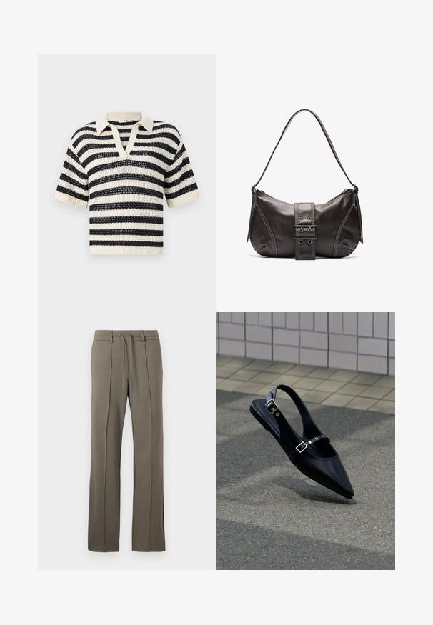 Jersey de punto de manga corta con rayas horizontales en blanco y negro y cuello en V sobre un fondo liso.; Pantalones caqui con un diseño de pierna recta, cintura con cordón y dos pliegues frontales. Fabricados con una tela suave y texturizada.; Zapato plano negro de punta puntiaguda con tiras de doble hebilla y talón descubierto, descansando sobre asfalto gris cerca de una pared con azulejos.; Bolso de hombro de cuero marrón con forma curva, que presenta un prominente detalle de hebilla, costuras en contraste y una sola correa para el hombro.