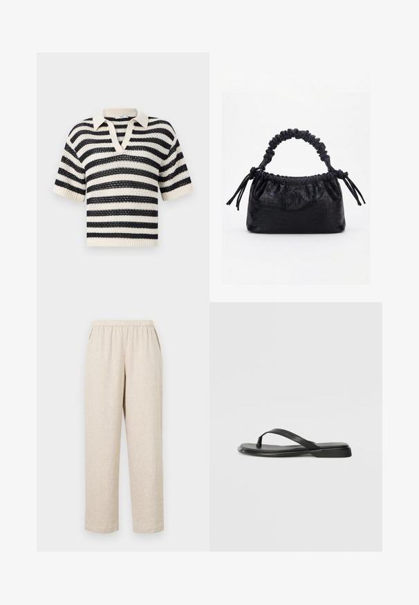 Jersey de punto de manga corta con rayas horizontales en blanco y negro y cuello en V sobre un fondo liso.; Pantalones de lino beige con cintura elástica, que cuentan con bolsillos laterales, piernas rectas y un acabado de tela texturizada.; Chancla negra de piel suave, con un diseño de tira delgada y una suela plana de perfil mínimo. Sin patrones ni acentos notables.; Bolso negro con textura de cocodrilo, borde superior fruncido, asa recogida y cordones con borlas en cada lado sobre un fondo blanco.