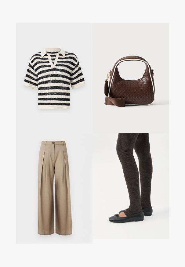 Kortærmet striktrøje med sorte og hvide vandrette striber og en V-udskæring på en ensfarvet baggrund.; Beige vidde bukser med for-pressedur, knaplukning, bæltestropper og en glat stoffinish, vist mod en hvid baggrund.; Ben iført mørke ribbede leggings kombineret med sorte balletsko med små sløjfedetaljer på hvid baggrund.; Brun vævet læderhåndtaske med hvid piping, guldfarvet lynlås og aftagelig brun stofskulderrem.