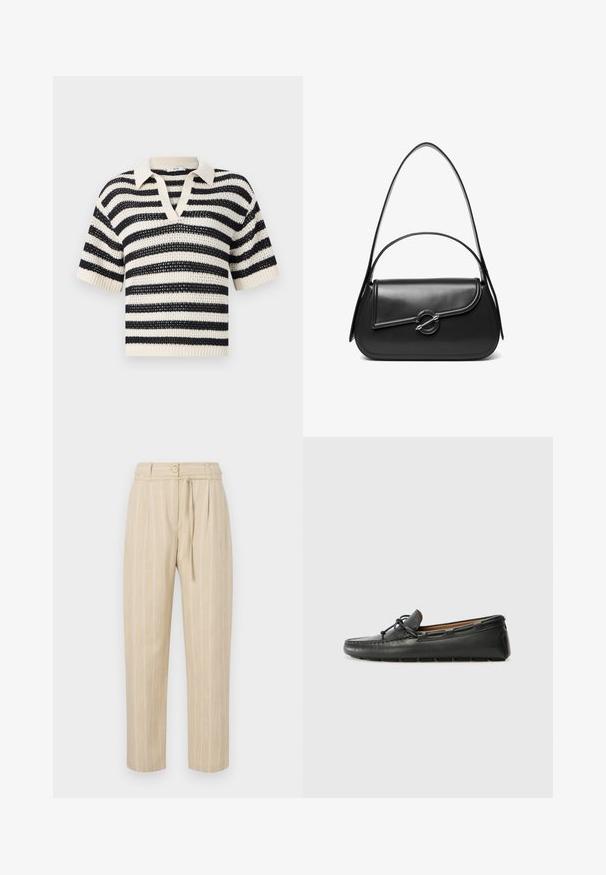 Jersey de punto de manga corta con rayas horizontales en blanco y negro y cuello en V sobre un fondo liso.; Pantalones a rayas beige con un corte relajado, que cuentan con una cintura ajustada, cierre de botón y cinturón de lazo, confeccionados en un tejido ligero.; Zapato náutico de cuero negro con punta redondeada, detalles de costura, pequeño lazo decorativo y suela de goma. Textura suave y diseño aerodinámico.; Bolso de hombro de cuero negro con una solapa curva asegurada por un broche metálico redondo y una correa delgada y ajustable.