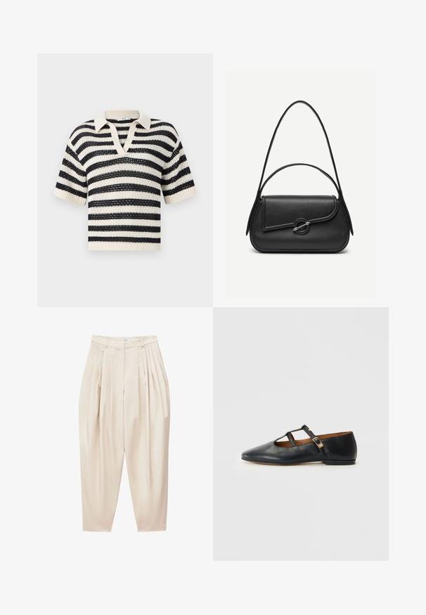 Jersey de punto de manga corta con rayas horizontales en blanco y negro y cuello en V sobre un fondo liso.; Pantalones plisados beige de talle alto con piernas cónicas y cierre frontal de cremallera.; Bailarinas negras de cuero con punta afilada, que presentan dos cortes y una correa con un acento de hebilla en tono dorado. Suela de bajo perfil.; Bolso de cuero negro con bordes redondeados, solapa asimétrica, cierre circular de metal y correas de hombro cortas y largas.