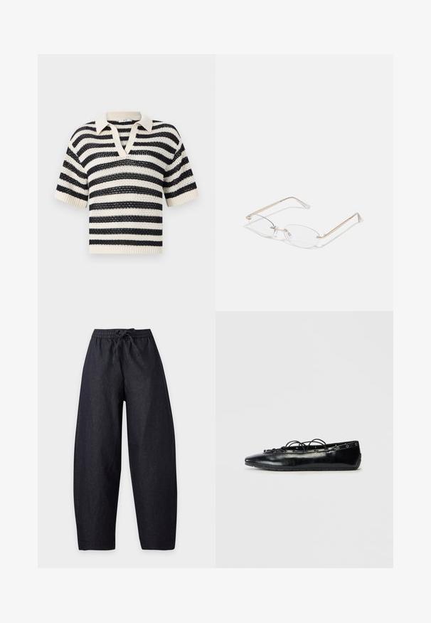 Jersey de punto de manga corta con rayas horizontales en blanco y negro y cuello en V sobre un fondo liso.; Pantalones anchos azul marino oscuro con cintura elástica y cordón, detalle de costura frontal, exhibidos sobre fondo blanco liso.; Zapato plano negro con puntera afilada y cordones en el frente, con detalles de ojetes a lo largo de los bordes, exhibido sobre un fondo blanco.; Gafas de metal dorado con lentes ovalados, brazos delgados y almohadillas nasales transparentes. Presentan sutiles acentos en las bisagras y lentes transparentes.