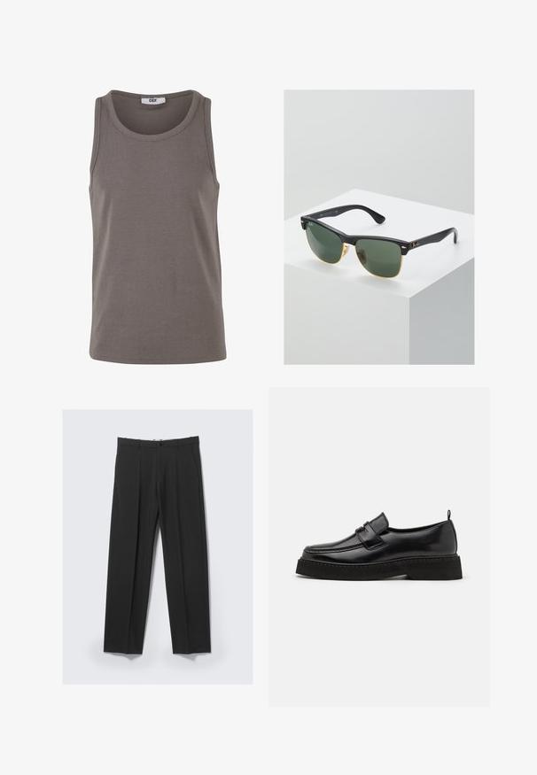 Grå ribbet tank top med rund halsudskæring og brede ærmehuller. Lavet af strækbart stof, har den en almindelig pasform og et minimalistisk design.; Sorte skræddersyede bukser med forreste plisseringer, sidelommer, bæltestropper og knaplukning ved linningen på en lys baggrund.; Sorte læder loafersko i stil med flad, tekstureret sål, med en syet tå og en rem over vristen.; Ray-Ban solbriller med grønne linser, sorte plastikstel og gyldne detaljer ved kanterne. Firkantet form med mat finish.