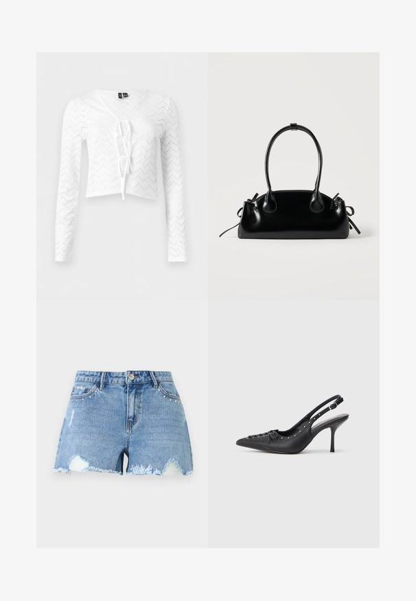 Witte cropped top met lange mouwen, oogjes zigzagpatroon en striksluiting aan de voorkant, V-hals en aansluitende pasvorm.; Blauwe denim shorts met rafelige zoom, versleten stukken, metalen studs bij de voorzakken en een knoopsluiting in de taille.; Zwarte leren slingback stiletto met spitse neus, zijgesp met gesp, studs langs de rand en decoratieve veters aan de voorkant.; Kleine zwarte glanzende handtas met twee lange hengsels en zijkant trekkoord details op een effen lichte achtergrond.