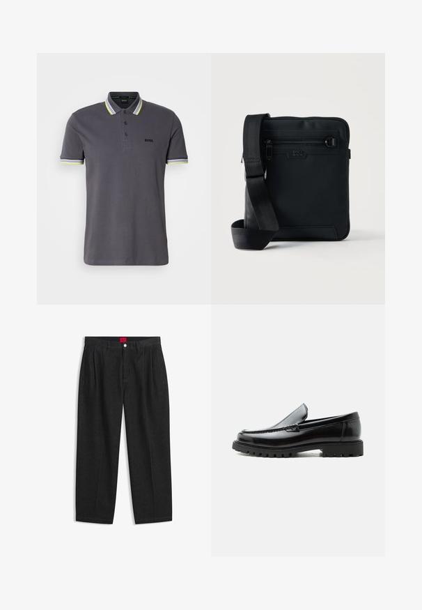 Grau-Poloshirt aus Baumwolle mit einer Knopfleiste mit drei Knöpfen, ausgestattet mit kontrastierenden gelben und weißen Streifenakzenten am Kragen und den Ärmeln.; Schwarze Hose mit hoher Taille, vorderen Falten, Gürtelschlaufen, Knopf- und Reißverschluss sowie einem roten Etikett innen am Bund.; Schwarzer Lederloafer mit grober Gummisohle, genähter Oberseite und geprägtem Markennamen an der Ferse, seitlich auf weißem Hintergrund gezeigt.; Schwarze Umhängetasche mit vorderer Reißverschlusstasche, verstellbarem breitem Riemen und geprägtischem BOSS-Logo auf strukturiertem Stoff.