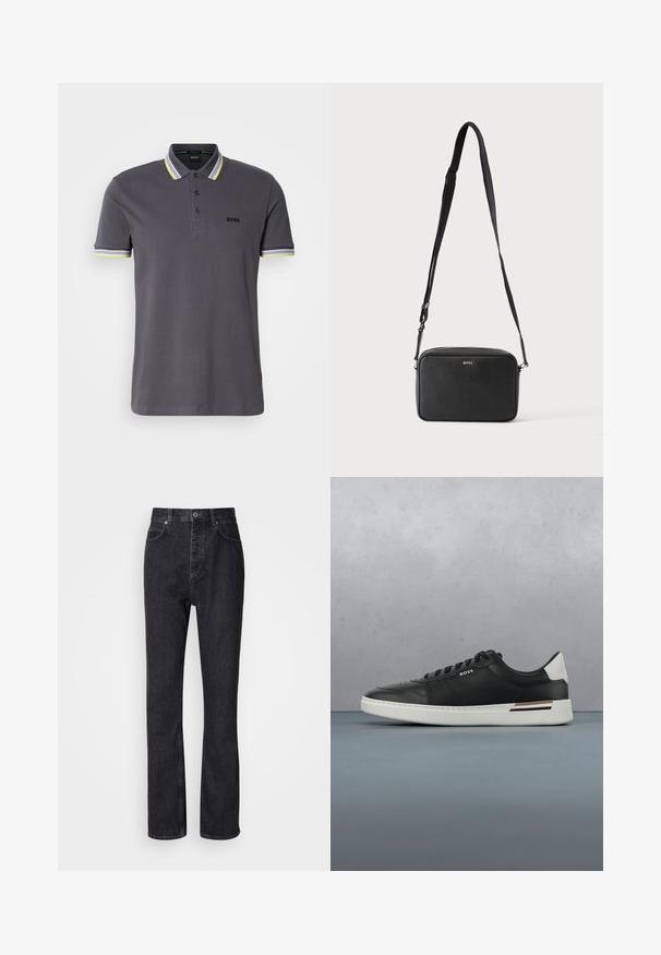 Grau-Poloshirt aus Baumwolle mit einer Knopfleiste mit drei Knöpfen, ausgestattet mit kontrastierenden gelben und weißen Streifenakzenten am Kragen und den Ärmeln.; Hochtaillierte schwarze Jeans aus Denim mit Knopf- und Reißverschluss, Vorder- und Hintertaschen sowie einer geraden Passform.; Schwarze Ledersneaker mit weißer Sohle, ausgestattet mit Perforationen, Schnürdesign, Logo an der Seite und kontrastierenden Fersendetails in Weiß und Braun.; Schwarze rechteckige Umhängetasche mit verstellbarem Riemen und BOSS-Logo auf der Vorderseite, vor einem einfarbigen hellen Hintergrund.