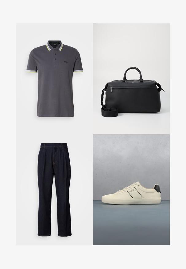 Grå polo skjorte lavet af bomuld med en tre-knaps lukning, der har kontrasterende gule og hvide stribede accenter på kraven og ærmerne.; Mørkeblå vidde denim jeans med frontfældninger og orange syninger, vist på hvid baggrund.; Cremefarvede sneakers med en glat tekstur, der har sorte accenter og branding. Klassisk snørebåndsdesign med rund tå og gummisål.; Sort læder duffel taske med to top hanke, en aftagelig skulderrem og en lynlåslomme foran til ekstra opbevaring.