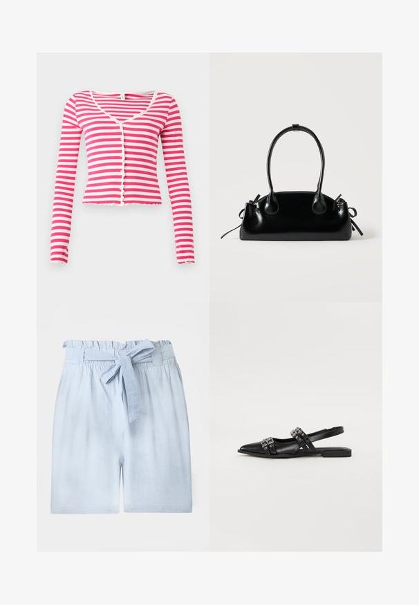 Cardigan court à manches longues rayé horizontalement rose et blanc, avec fermeture boutonnée devant et encolure arrondie sur fond uni.; Shorts bleu clair taille haute avec taille élastiquée froncée et ceinture en tissu assortie nouée.; Even&Odd by Zalando Ballerines à brides arrière - black; Petit sac à main noir brillant avec deux longues anses et des détails à cordon sur les côtés sur un fond clair uni.