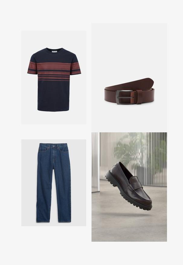 T-shirt bleu marine à manches courtes avec fines rayures rouges horizontales sur la poitrine et les manches, col rond.; Jean en denim bleu foncé avec une coupe droite, comprenant un design à cinq poches, un bouton supérieur et des rivets en cuivre.; Chaussure à enfiler en cuir marron avec un bout rond et une semelle en caoutchouc noire robuste. Présente une bride décorative traversant le coup de pied.; Ceinture en cuir brun avec une texture lisse, dotée d'une pointe courbée et d'une boucle métallique rectangulaire au fini sombre.