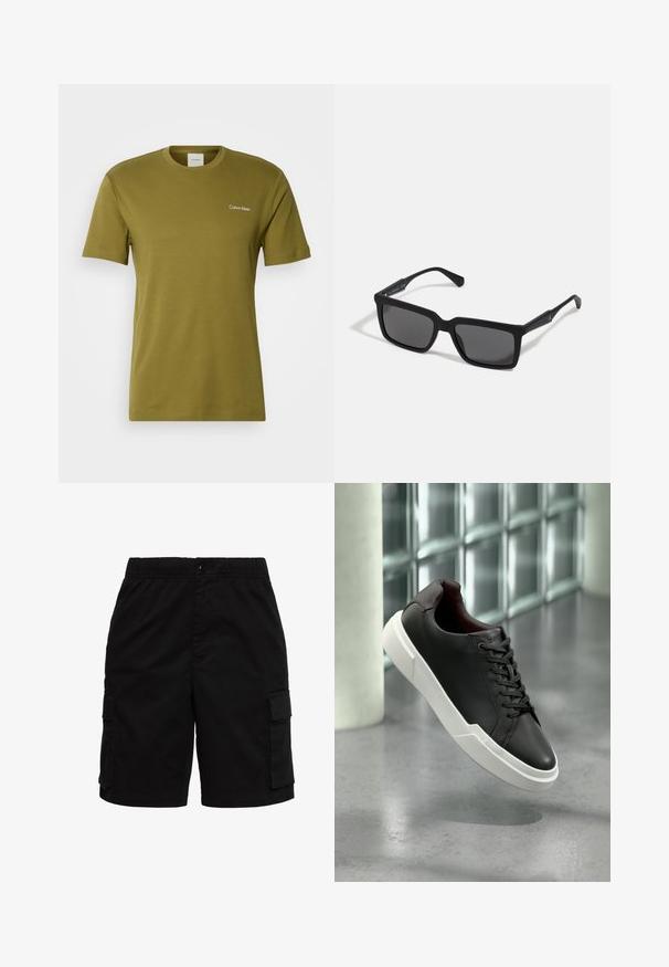 Olijfgroene katoenen t-shirt met korte mouwen, ronde hals en een klein wit Calvin Klein-logo op de linkerkant van de borst.; Zwarte cargoshorts met elastische tailleband, knoopsluiting en voorvleugeltassen aan beide zijden.; Zwarte leren sneaker met dikke witte zool en zwarte veters, zwevend boven een grijze betonnen vloer nabij een glazen blokmuur.; Zwarte zonnebril met rechthoekige lenzen, matte afwerking, dikke montuur en slanke veren met subtiele merkaanduiding.