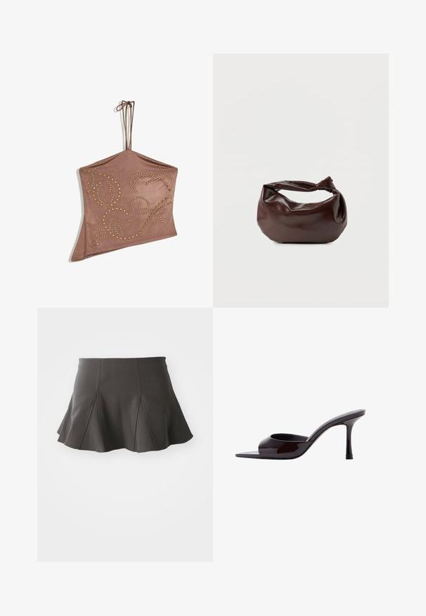 Haut asymétrique marron à col licou avec fines bretelles, décoré de motifs tourbillonnants composés de petits clous ronds dorés.; Jupe noire évasée avec une taille ajustée, présentant des coutures verticales et une texture lisse. L'ourlet est légèrement incurvé et se situe au-dessus de mi-cuisse.; Mule en cuir verni noir à bout ouvert avec un talon stiletto fin de hauteur moyenne et une bride supérieure basse.; Sac bandoulière en cuir marron foncé avec une forme souple et décontractée et une anse nouée torsadée sur un fond blanc uni.