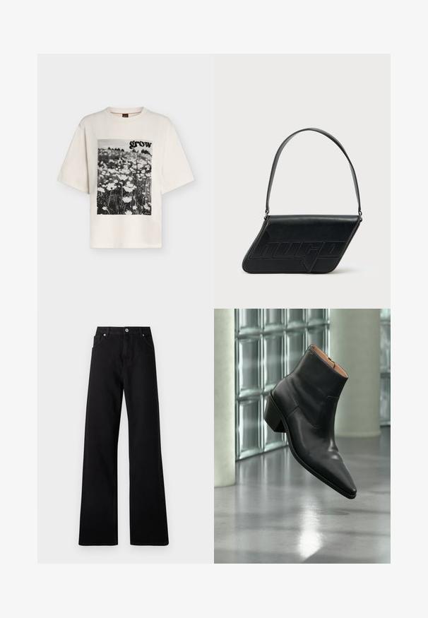 T-shirt écru à manches courtes avec une photo en noir et blanc de fleurs et le mot « grow » imprimé sur le devant.; Jean large noir en denim avec un design à cinq poches, fermeture à bouton à l'avant et détails de couture subtils.; Bottine en cuir noir avec un bout pointu et un talon carré lévitant au-dessus d'un sol gris réfléchissant près d'un mur en blocs de verre.; Sac d'épaule en cuir noir de forme triangulaire, avec un logo embossé et une seule bandoulière réglable. Design minimaliste avec une texture lisse.