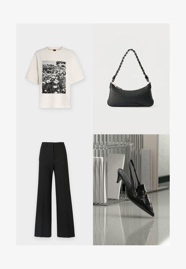 T-shirt écru à manches courtes avec une photo en noir et blanc de fleurs et le mot « grow » imprimé sur le devant.; Pantalons black à jambes larges avec un design sur mesure, présentant une texture lisse et de subtils plis à l'avant. Pas de garnitures ou de motifs visibles.; Chaussure à talon slingback en cuir noir à bout pointu avec franges et bouton doré, sur un sol réfléchissant près de porte-dossiers métalliques.; Sac à bandoulière en cuir noir de forme rectangulaire incurvée, avec une chaîne dorée tissée dans la bandoulière noire tressée et une fermeture éclair sur le dessus.
