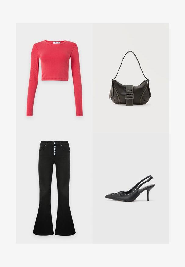 Langærmet, cropped top i ribbet tekstur med rund halsudskæring. Farve: livlig rød. Indeholder et label ved halsen med "JJXX."; Sorte jeans med flare og høj talje, fem-knaps lukning, blød denimbeklædning og diskrete syningsdetaljer på lommer og syninger.; Sorte læder slingback stiletto med spids tå, side spændebånd, nitter langs kanten og dekorativ snøring foran.; Sort læder skuldertaske med spænde på remmen, afrundede kanter og kontrasterende hvide syninger på en ensfarvet baggrund.