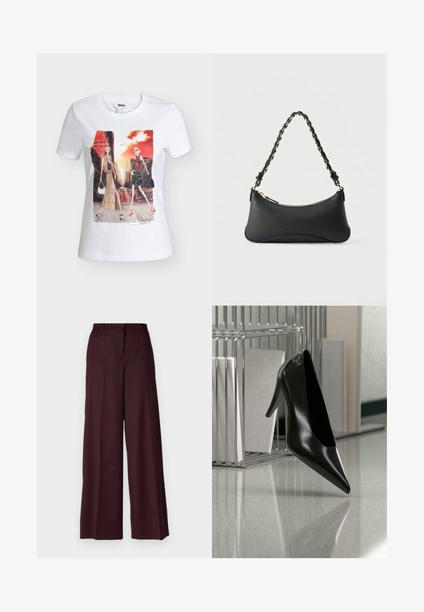 Λευκό t-shirt DKNY με δύο στιλιζαρισμένες γυναίκες που περπατούν σε μια αστική περιοχή με ψηλά κτίρια και πορτοκαλί ουρανό στο ηλιοβασίλεμα.; Pinko BENEDETTI PANTALONE - Παντελόνι - bordeaux intenso; Μαύρο γυναικείο παπούτσι με ψηλό τακούνι και μυτερή μύτη με χρυσό λογότυπο, τοποθετημένο σε μια ανακλαστική επιφάνεια κοντά σε χρωμιωμένο μεταλλικό οργανωτή αρχείων με έγγραφα.; Μαύρη δερμάτινη τσάντα ώμου με καμπυλωτό ορθογώνιο σχήμα, χρυσή αλυσίδα υφαντή σε πλεκτό μαύρο λουράκι και επάνω φερμουάρ κλεισίματος.
