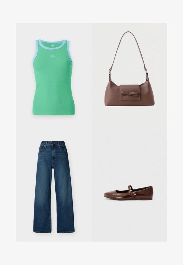 Grøn ribbet tanktop med lyseblå kant og "GAP" logo i lyseblå foran. Ærmeløs design med en tætsiddende form.; Blå denimjeans med høj talje og vide ben, forstærket med knap- og lynlåslukning foran, bæltestropper og forlommer på en ensfarvet baggrund.; Brun patentlæder balletflade med firkantet tå og strop med en lille guldbuckle. Glat tekstur, lav hæl og minimalistisk design.; Brun skuldertaske i læder med en frontlomme med klap, der har en sydd sløjfedetalje, og en justerbar rem.