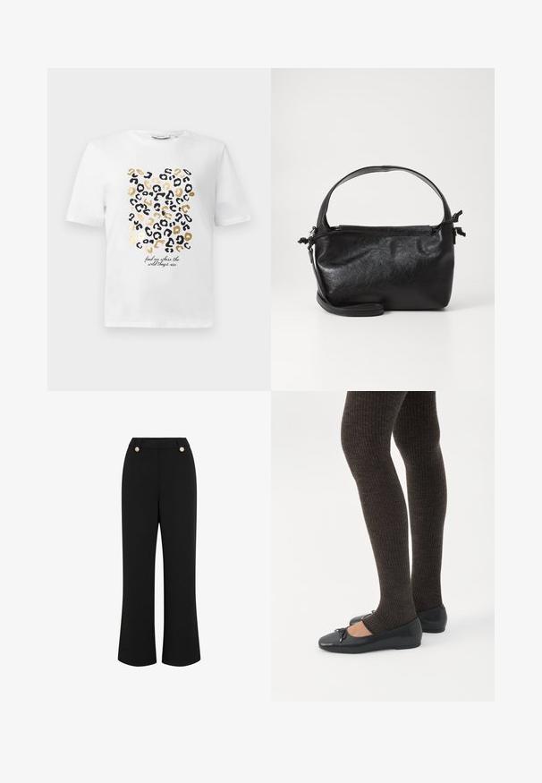Hvid t-shirt med et leopardprintdesign i sort og guld, der har en tekstdetalje, der siger: "find mig, hvor de vilde ting er."; Sorte, vide ben bukser med en glat tekstur, featuring en høj talje, to guldfarvede knapper og et skræddersyet design. Ingen synlige lommer.; Ben iført mørke ribbede leggings kombineret med sorte balletsko med små sløjfedetaljer på hvid baggrund.; Sort læderhåndtaske med et struktureret design, rund tophåndtag og aftagelig skulderrem. Den har en glat tekstur og en subtil glans.