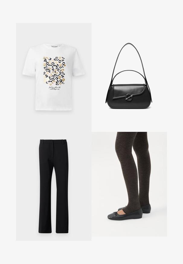 Hvid t-shirt med et leopardprintdesign i sort og guld, der har en tekstdetalje, der siger: "find mig, hvor de vilde ting er."; Sorte bukser i en tætsiddende design, lavet af glat stof med en let stræk. Har bæltestropper og en lige benpasform.; Ben iført mørke ribbede leggings kombineret med sorte balletsko med små sløjfedetaljer på hvid baggrund.; Sort skuldertaske i læder med en buet klap, der er fastgjort med en rund metal spænde, og en slank, justerbar rem.