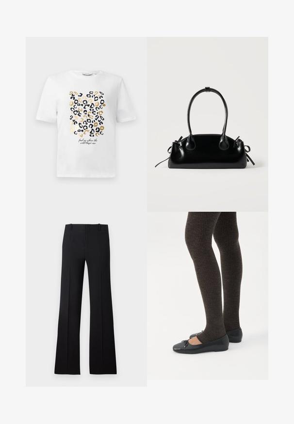 Hvid t-shirt med et leopardprintdesign i sort og guld, der har en tekstdetalje, der siger: "find mig, hvor de vilde ting er."; Sorte slagbukser med en glat overflade, der har en skræddersyet talje, bæltestropper og et enkelt design, der strækker sig til en bred kant.; Ben iført mørke ribbede leggings kombineret med sorte balletsko med små sløjfedetaljer på hvid baggrund.; Lille sort blank håndtaske med to lange håndtag og snøre-detaljer i siden på en ensfarvet lys baggrund.