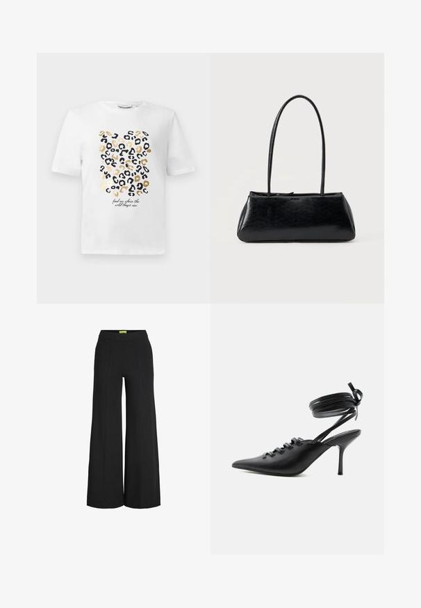 Hvid t-shirt med et leopardprintdesign i sort og guld, der har en tekstdetalje, der siger: "find mig, hvor de vilde ting er."; Sorte bukser med vide ben, høj talje og vertikale sømdetaljer foran.; Sort spids sko med høje hæle, snørelukning foran og omlægning omkring anklerne bundet med sløjfe, vist fra siden på hvid baggrund.; Sort rektangulær skuldertaske med lange tynde stropper og en glat, blank tekstur på en ensfarvet baggrund.