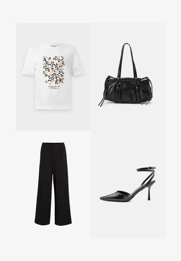 Weißes T-Shirt mit einem Leopardenmuster in Schwarz und Gold, das einen Text enthält, der lautet: "finde mich dort, wo die wilden Dinge sind."; Schwarze weit geschnittene Hose aus einem glatten Material. Verfügt über einen taillierten Bund mit dezentem Falten-Detail und einem schlichten, unauffälligen Design.; Schwarzer spitzer High Heel mit dünnen Knöchelriemen und silberner Schnalle auf einfachem hellem Hintergrund.; Schwarze Lederhandtasche mit runder Form, doppelten Griffen, dekorativen Hardware-Details und seitlichen Bindebändern. Glatte, glänzende Textur.