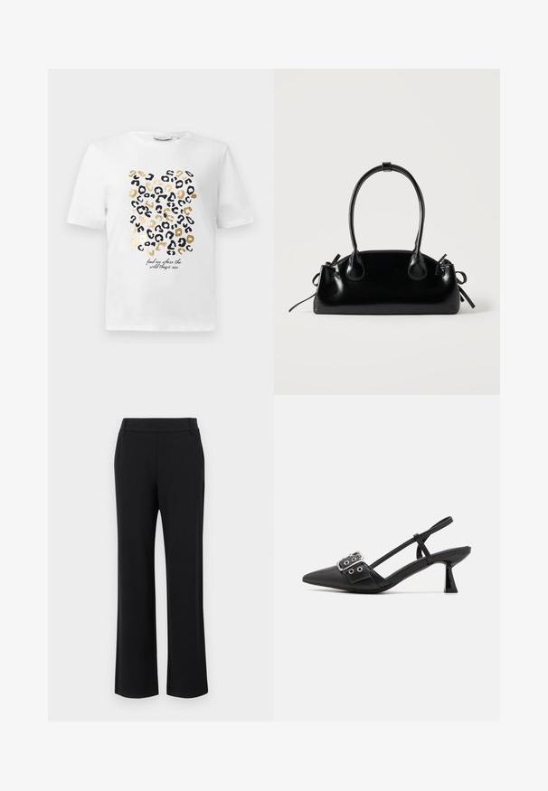 Weißes T-Shirt mit einem Leopardenmuster in Schwarz und Gold, das einen Text enthält, der lautet: "finde mich dort, wo die wilden Dinge sind."; Schwarze, ausgestellte Hosen mit glatter Textur, mittelhohem Bund und seitlichen Taschen. Einfaches Design ohne Muster oder Verzierungen.; Simmi London DALA - Pumps - black; Kleine schwarze glänzende Handtasche mit zwei langen Griffen und seitlichen Kordelzug-Details vor einfachem hellem Hintergrund.
