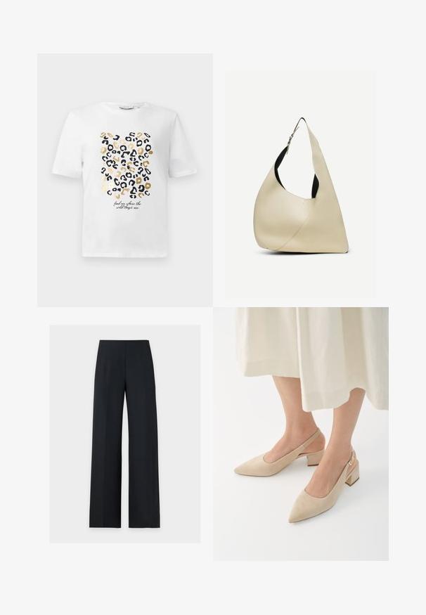 Hvid t-shirt med et leopardprintdesign i sort og guld, der har en tekstdetalje, der siger: "find mig, hvor de vilde ting er."; Sort brede bukser med høj talje og presfold foran, vist fladt mod en ensfarvet hvid baggrund. Ingen synlige lommer eller lukninger.; Beige ruskinds slingback pumps med spidse tæer og blokhæle. Designet har udskæringer i siderne og en gylden spændeaccent.; Skuldertaske i cremelærret glat læder med buet trekantet form og justerbar rem med sølvspænde.