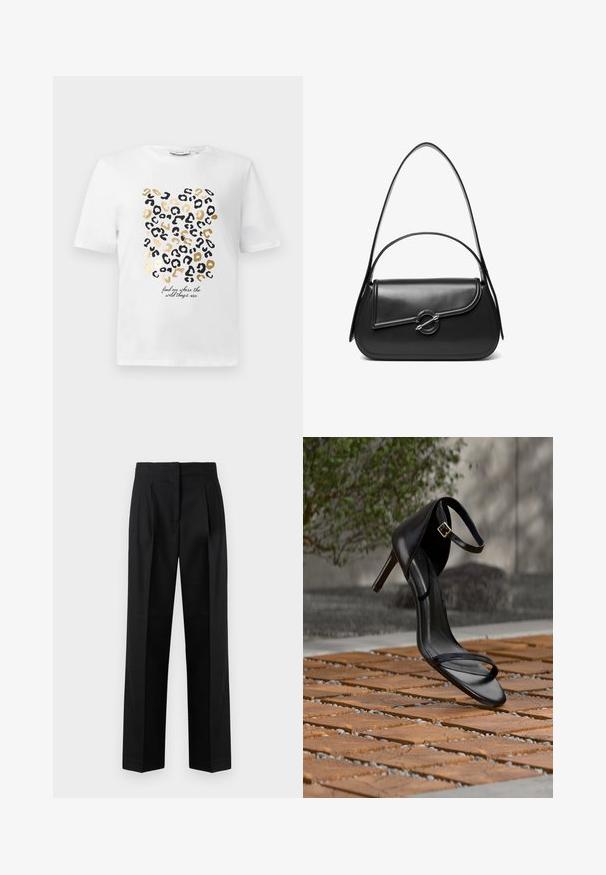 Weißes T-Shirt mit einem Leopardenmuster in Schwarz und Gold, das einen Text enthält, der lautet: "finde mich dort, wo die wilden Dinge sind."; Schwarze Hose aus gewebtem Stoff, mit einem maßgeschneiderten Design, Falten, geradem Bein und flachem Bund. Strapazierfähige und glatte Textur.; Schwarze Sandalette mit hohem Absatz und Knöchelriemen schwebt über einem Holzboden im Freien vor verschwommenem Grün und Steinhintergrund.; Schwarze Lederschultertasche mit einer geschwungenen Klappe, die durch einen runden Metallverschluss gesichert ist, und einem schlanken, verstellbaren Riemen.