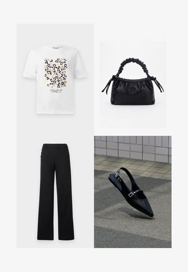 Weißes T-Shirt mit einem Leopardenmuster in Schwarz und Gold, das einen Text enthält, der lautet: "finde mich dort, wo die wilden Dinge sind."; Schwarze weite Hose mit hohem Bund, Knopfdetails an den Seiten und einer glatten Denim-Oberfläche mit einem sauberen Finish.; Schwarzer Slingback-Flachschuh mit spitz zulaufender Spitze und doppelten Schnallenriemen, ruhend auf grauem Asphalt nahe einer gefliesten Wand.; Schwarze Handtasche mit Krokodilstruktur, gerafftem oberen Rand, zusammengezogenem Griff und Zugkordeln mit Quasten an jeder Seite vor weißem Hintergrund.