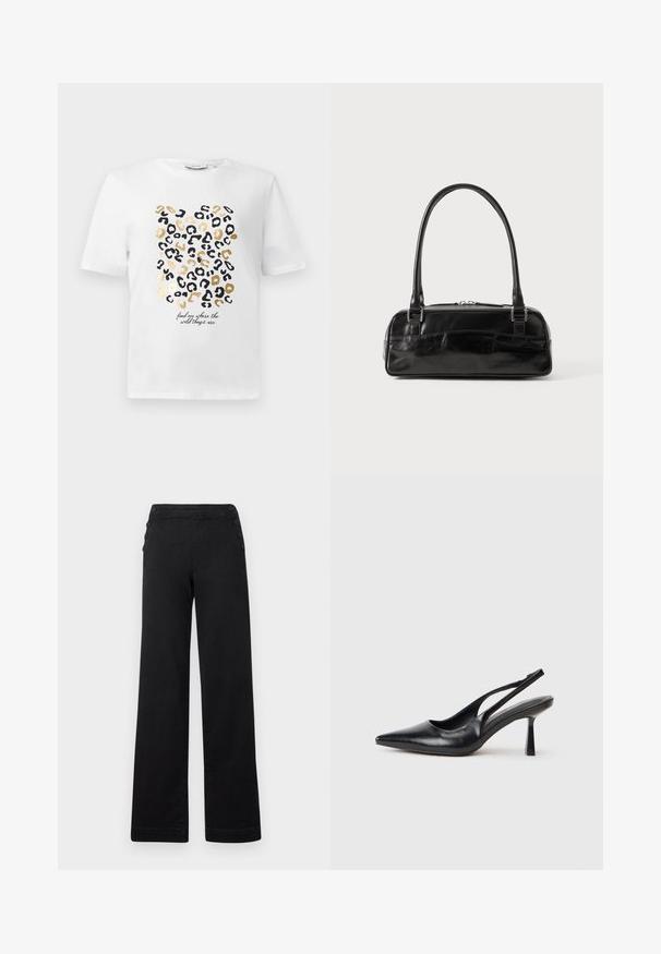 Weißes T-Shirt mit einem Leopardenmuster in Schwarz und Gold, das einen Text enthält, der lautet: "finde mich dort, wo die wilden Dinge sind."; Schwarze weite Hose mit hohem Bund, Knopfdetails an den Seiten und einer glatten Denim-Oberfläche mit einem sauberen Finish.; Schwarzer Leder Slingback High Heel Schuh mit spitzer Zehenpartie und schmalem Absatz auf einem weißen Hintergrund.; Schwarze Lederhandtasche in rechteckiger Form, mit einem stabilen Griff, silbernem Zubehör und Reißverschluss. Glatte Textur.