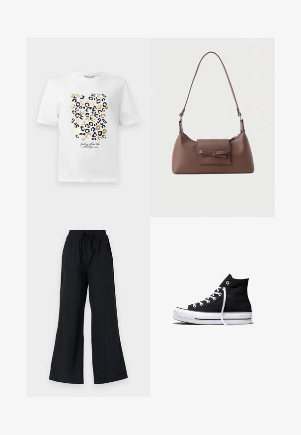 Hvid t-shirt med et leopardprintdesign i sort og guld, der har en tekstdetalje, der siger: "find mig, hvor de vilde ting er."; Sorte breddebenede bukser lavet af letvægtsstof, med en elastisk talje med snor og en glat tekstur.; Sort high-top canvas sneaker med hvid gummisål og hvide snørebånd, vist fra siden mod en hvid baggrund.; Brun skuldertaske i læder med en frontlomme med klap, der har en sydd sløjfedetalje, og en justerbar rem.
