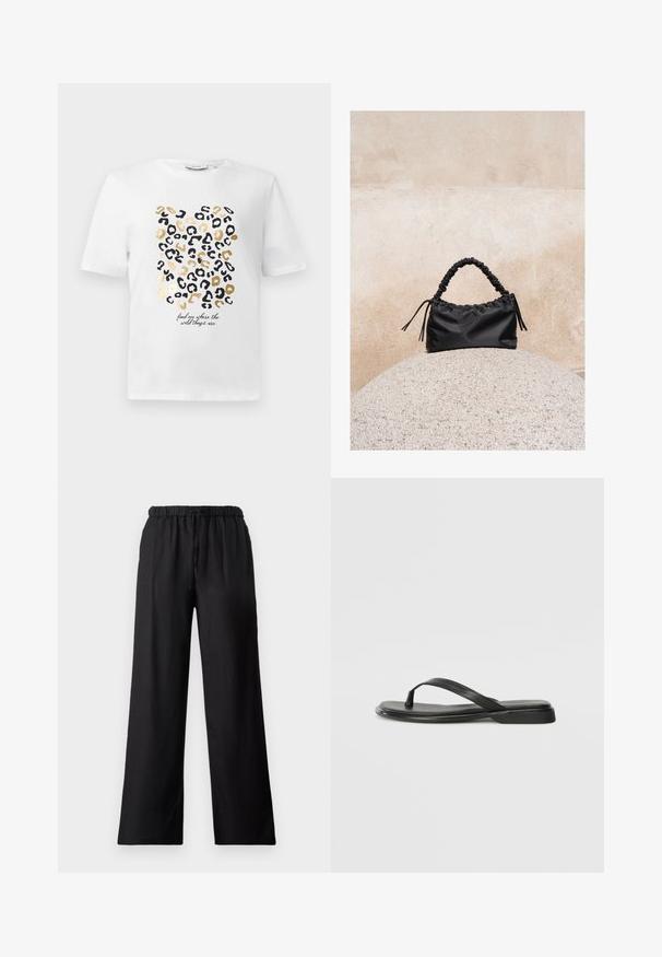 Hvid t-shirt med et leopardprintdesign i sort og guld, der har en tekstdetalje, der siger: "find mig, hvor de vilde ting er."; Sorte brede bukser lavet af letvægtsstof, med en elastisk talje og snoretræk samt en glat overflade.; Sorte flip-flops lavet af glat læder, med et tyndt remdesign og en flad sål med et minimalt profil. Ingen bemærkelsesværdige mønstre eller accenter.; Sort håndtaske med rynkede detaljer og et samlet håndtag, hvilende på en tekstureret stensfære mod en beige betonvæg.