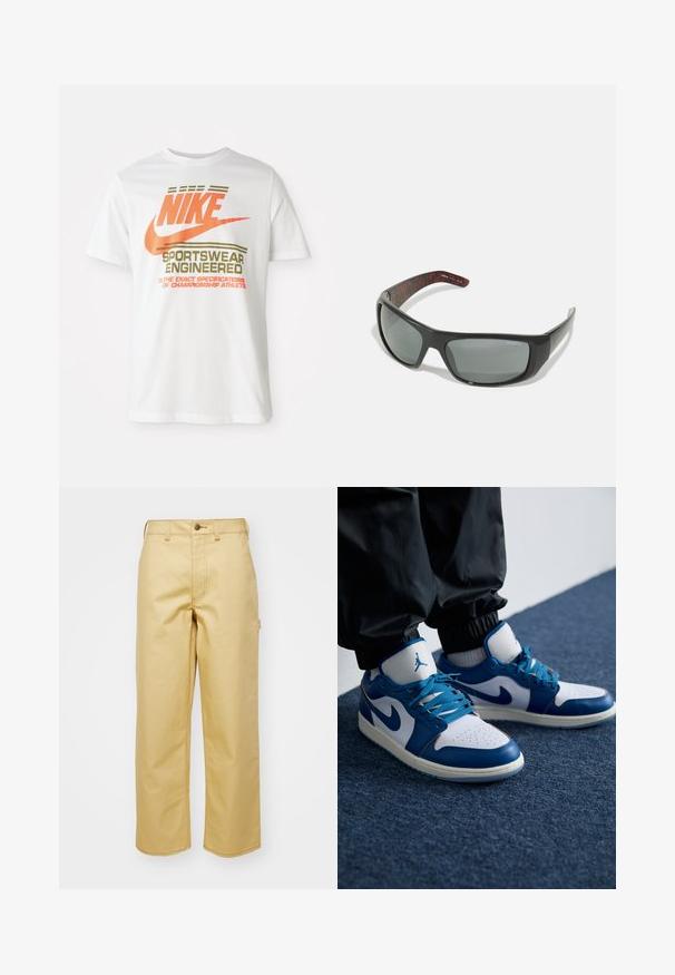 Valge puuvillane T-särk, millel on suur oranž "NIKE" logo ja roheline tekst "SPORTSWEAR ENGINEERED" koos täiendavate spetsifikatsioonidega.; Beez, laiad säärega puuvillased püksid ees oleva nupuga kinnitusega, vöökohaga ja küljetaskutega. Sile tekstuur nähtava õmbluse detailidega.; Nike Air Jordan tennisijalad on valge nahast alus siniste sünteetiliste detailidega, aukudega varbakoht ja sinised paelad.; Arnette HOT SHOT - Päikeseprillid - dark grey