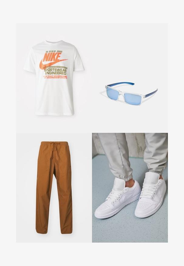Camiseta de algodón blanca con un gran logo naranja de "NIKE" y texto verde que dice "SPORTSWEAR ENGINEERED" junto con especificaciones adicionales.; Pantalones marrones, ligeros, con cordón y cinturilla elástica, que cuentan con dos bolsillos laterales y una textura suave.; Las zapatillas deportivas de cuero blanco cuentan con una caja de dedos perforada, cordones planos, un cuello acolchado y el logo de Jordan en la lengüeta. Las llevan puestas con pantalones joggers grises.; Arnette MWAMBA - Gafas de sol - transparent