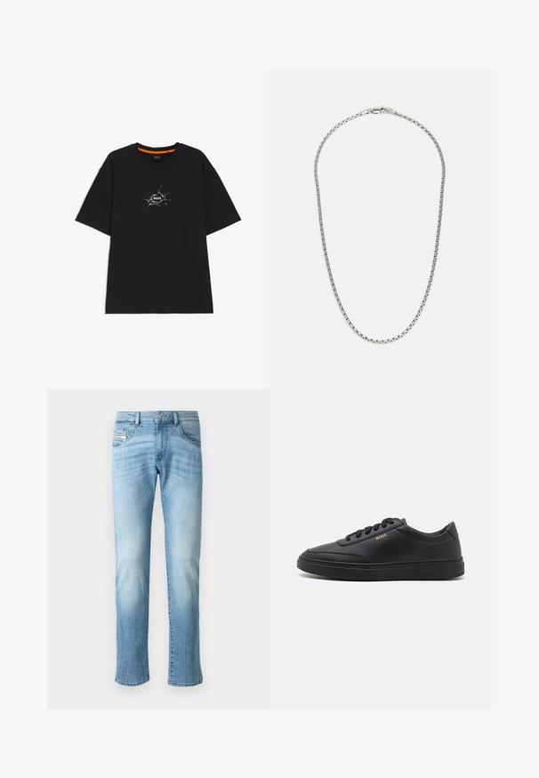 Schwarzes T-Shirt mit kurzen Ärmeln und Rundhalsausschnitt, in der Mitte ein weißes, rissartiges grafisches Motiv mit dem Wort "BOSS".; Helles blaues Straight-Leg-Jeans mit verwaschenen Details, Knopfverschluss vorne und Fünf-Taschen-Design vor einem schlichten weißen Hintergrund.; Schwarze Leder-Sneaker mit glatter Textur, runder Zehenpartie, flacher Gummisohle und einfarbigen Schnürsenkeln. Mit goldfarbenem "BOSS" Logo an der Seite.; Silberne Kettenhalskette mit einem abwechselnden Glieddesign. Sie verfügt über flache, rechteckige Glieder und einen sicheren Verschluss, mit durchgehend glatter Oberfläche.