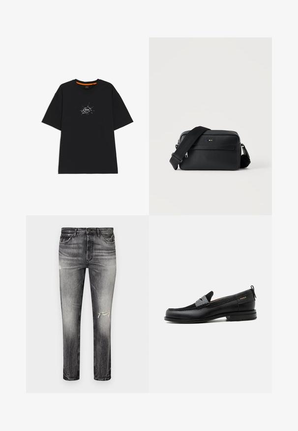 Schwarzes T-Shirt mit kurzen Ärmeln und Rundhalsausschnitt, in der Mitte ein weißes, rissartiges grafisches Motiv mit dem Wort "BOSS".; Ausgewaschene schwarze Jeans mit geradem Schnitt, die abgenutzte Stellen, vordere Taschen und einen klassischen Knopfverschluss aufweisen.; Schwarzer Lederloafer mit grauem Riemendetail, niedrigem Absatz und strukturierter Sohle, seitlich mit „HUGO“ in Gold gebrandmarkt.; Schwarze, strukturierte Leder-Crossbody-Tasche mit vorderer Reißverschlusstasche und verstellbarem breitem Stoff-Schulterriemen auf weißem Hintergrund.