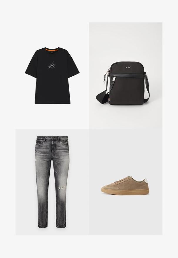 Zwart T-shirt met korte mouwen en een ronde hals, voorzien van een witte, barstachtige grafische afbeelding in het midden met het woord "BOSS".; Versleten zwarte denim jeans met een rechte snit, voorzien van beschadigde plekken, voorzakken en een klassieke knoopsluiting.; Suède sneakers in lichtbruin met een rubberen zool. Voorzien van een vetersluiting en een minimalistische stijl, geaccentueerd door een witte hieltab.; Zwarte schoudertas van textuurstof, met logo aan de voorkant, ritssluiting en verstelbare schouderband. Voorzien van een gladde leren rand.
