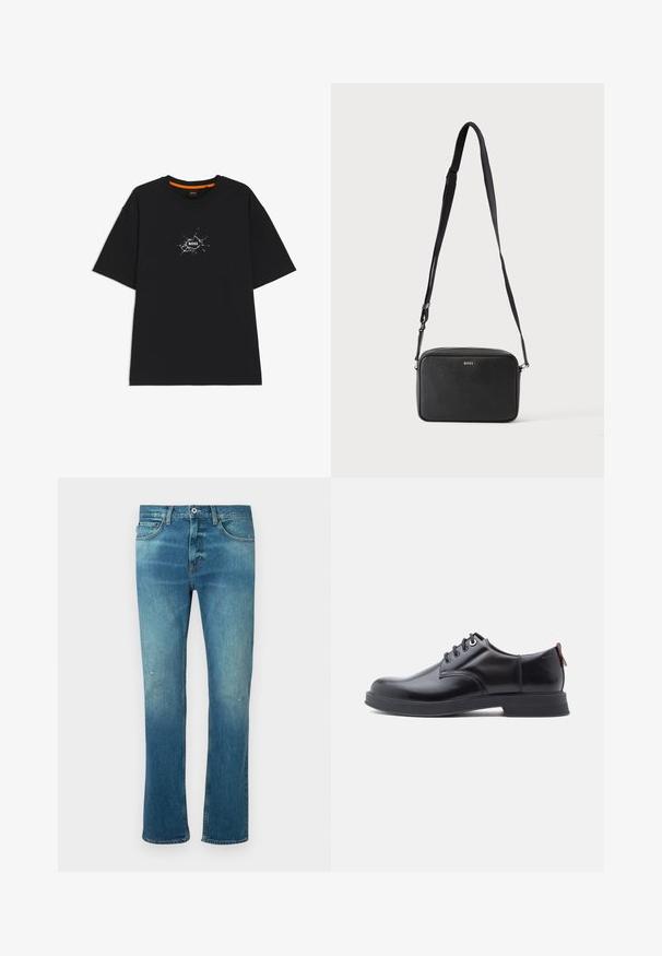 Schwarzes T-Shirt mit kurzen Ärmeln und Rundhalsausschnitt, in der Mitte ein weißes, rissartiges grafisches Motiv mit dem Wort "BOSS".; Blaue Jeans aus Denim mit geradem Schnitt, ausgestattet mit einem leichten Verwaschungseffekt, leichten Abnutzungen an den Knien und klassischem Fünf-Taschen-Design.; Schwarze Leder-Schnürschuhe mit glatter Textur, rundem Zehenbereich und dezenten Ziernähten. Mit einem roten Laschenband an der Ferse.; Schwarze rechteckige Umhängetasche mit verstellbarem Riemen und BOSS-Logo auf der Vorderseite, vor einem einfarbigen hellen Hintergrund.