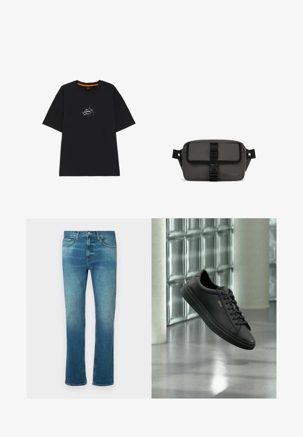 Sort T-shirt med korte ærmer og rund halsudskæring, med en hvid, sprække-lignende grafik i midten med ordet "BOSS".; Blå denimjeans med lige skæring, der har en falmet finish, let slid på knæene og klassisk fem-lomme design.; Sort lavtopet lædersneaker med sorte snørebånd og gyldent BOSS-logo på siden, svævende over en blank grå gulv i et moderne indendørs rum.; Grå rektangulær taske lavet af tekstureret materiale, med en frontklap med en sort spænde og rem, sidelomme med lynlås og logodetalje.